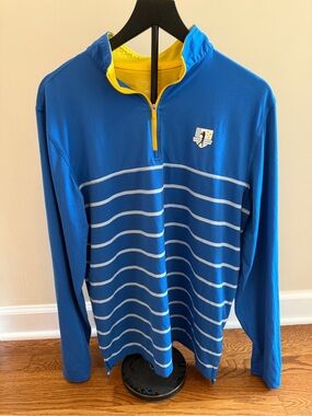 Men's Blue Good Good Golf Quarter-Zip Striped Performance Sweater